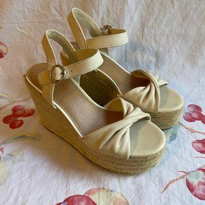 Crown Vintage White Leather Open Toe Ankle Strap Platform Espadrille Size 7.5